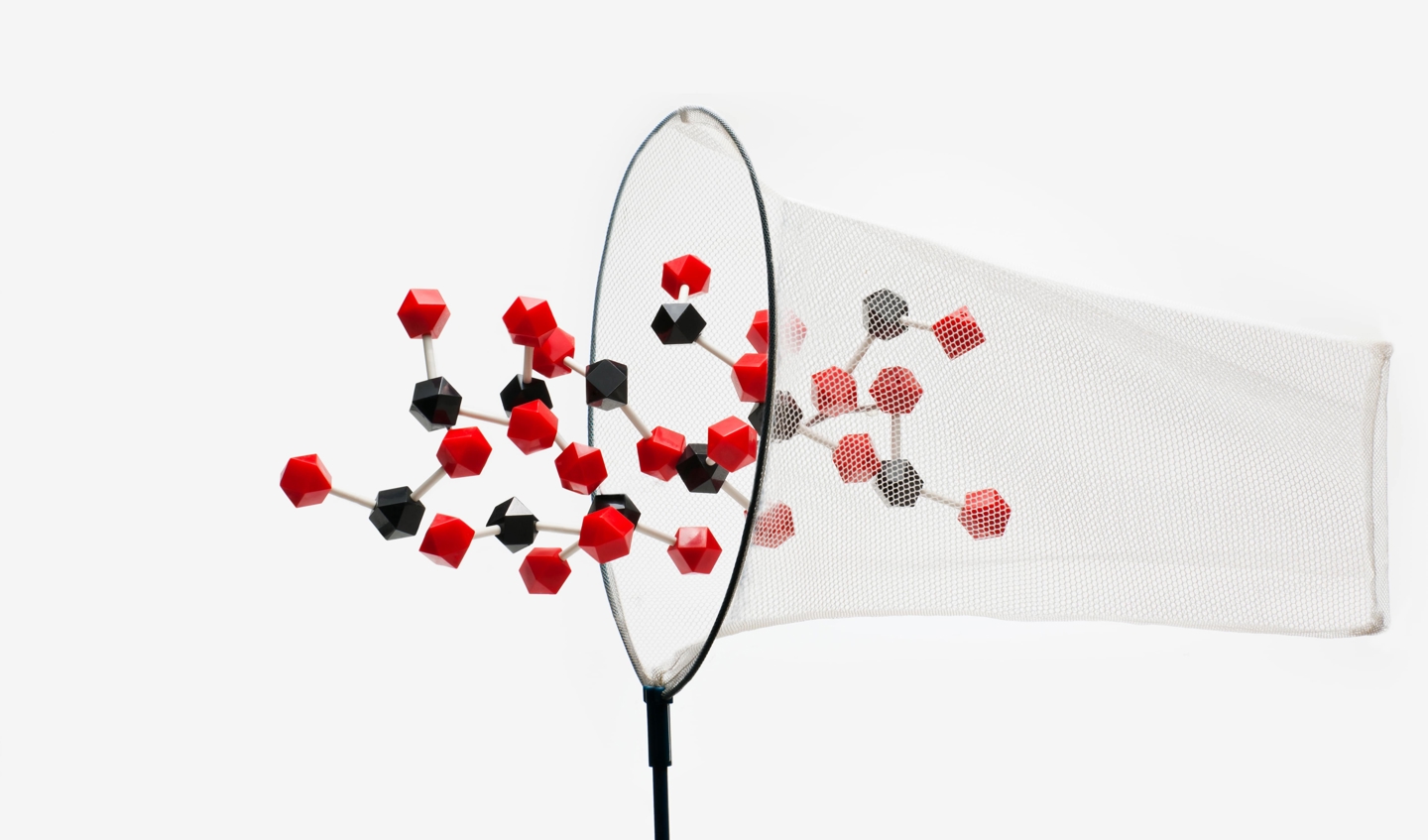 Carbon molecules being caught in a net graphic. 