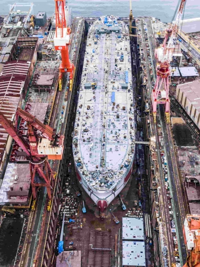 Aerial view of ship build yard.